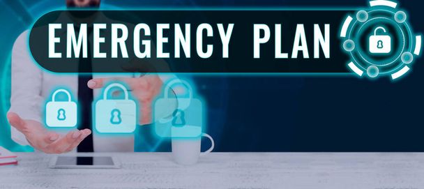 Leyenda conceptual Plan de emergencia, Enfoque empresarial Procedimientos para la respuesta a emergencias importantes Prepárese - Foto, imagen