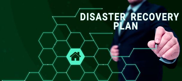 災害復旧計画、インターネットの概念を提示するテキストキャプション危険な状況に対するバックアップ対策を有する - 写真・画像
