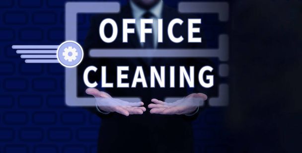 Tekst met inspiratie Kantoorreiniging, Business aanpak van de actie of het proces van het reinigen van de binnenkant van kantoorgebouw - Foto, afbeelding