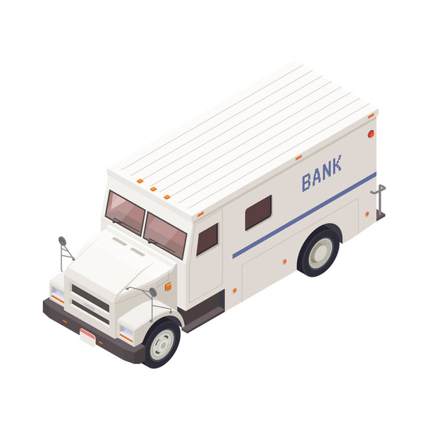 Isometric white cash in transit bank van 3d vector illustration - Vetor, Imagem