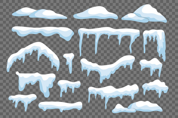 フラットデザインに設定されたつらら分離要素と雪のキャップ。屋根の上に異なる形状の雪のキャップ、雪のドリフトと雪の氷のバンドル。季節的な気象フレームと冬の国境。ベクターイラスト. - ベクター画像