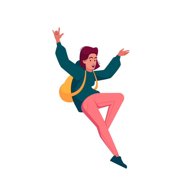 Mujer sana feliz saltando y riendo aislado sobre fondo blanco. Chica Positiva Saltar en el Aire, Estudiante Siente Felicidad, Regocijarse, Diversión, Buen Concepto de Humor. Dibujos animados Gente Vector Ilustración - Vector, Imagen