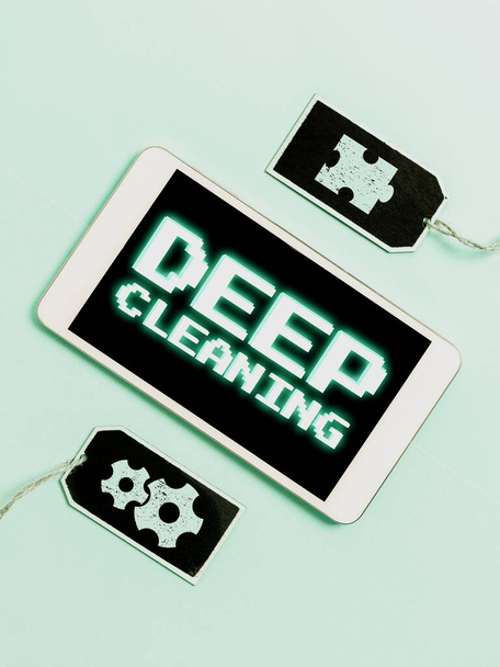Tekst met inspiratie Deep Cleaning, Business concept een daad van grondig verwijderen van vuil en vuil uit iets - Foto, afbeelding