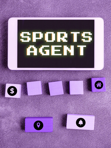 Sinal de texto mostrando Sports Agent, pessoa de ideia de negócios gerencia recrutamento para contratar melhores jogadores esportivos para uma equipe - Foto, Imagem