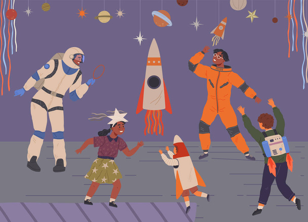 Children play with animators at birthday in cosmic style. Set of holiday scenes with people at space party. Kids in costumes have fun together. Joint pastime and recreation with friends at party - Vektor, Bild