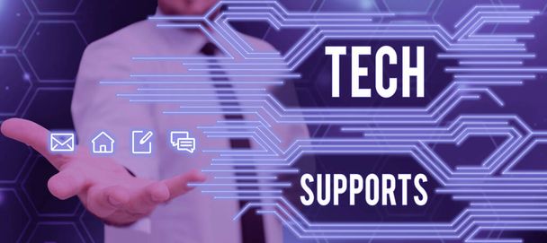 Κείμενο που δείχνει την έμπνευση Tech Supports, Επιχειρηματική προσέγγιση Βοήθεια δίνεται από τον τεχνικό σε απευθείας σύνδεση ή υπηρεσία πελατών τηλεφωνικών κέντρων - Φωτογραφία, εικόνα