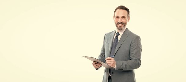 Man face portrait, banner with copy space. cheerful businessman hold folder. business expertise. successful man making notes - 写真・画像