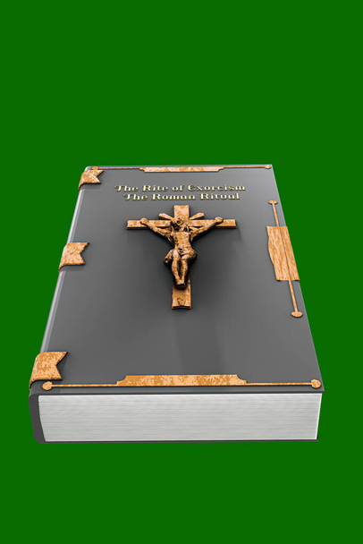 libro de exorcismo aislado sobre fondo verde 3d ilustración - Foto, imagen