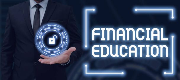 Firma de escritura a mano Educación Financiera, Concepto de Internet Comprensión de áreas monetarias como Finanzas e Inversión - Foto, imagen