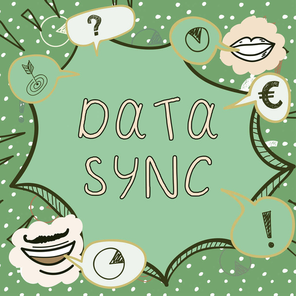 Tekst weergeven Data Sync, Business concept data die continu wordt gegenereerd door verschillende bronnen - Foto, afbeelding