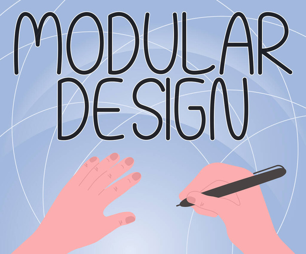 Inspiration zeigt Zeichen Modulares Design, Wort für Produktdesign, um Produkt durch Integration oder Kombination unabhängiger Teile zu produzieren - Foto, Bild
