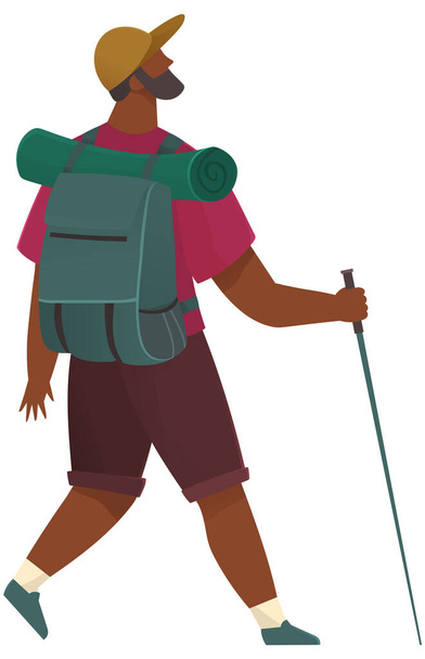 Male tourist with backpack and hiking stick isolated. Outdoor travelling and nature camping. Man traveler on trip stands in full lenght back view. Tracking through mountains and trails, adventure time - Vektor, Bild