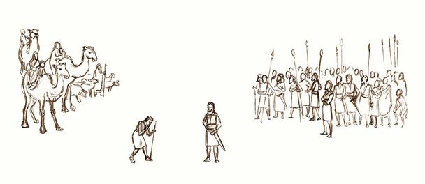 レトロな古い時代のラメ男性ツイン歩くぐったり大きな鎧戦争ガード腕部隊行人間の群衆白いフィールドの土地のシーン中東黒の手を描かれたユダヤ神の信仰の子供キャンプ物語イスラム教徒の漫画アートスケッチ - 写真・画像