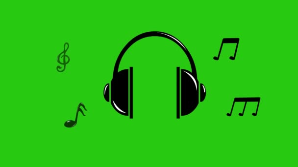 animación de auriculares icono con notas musicales, en concepto de escuchar música. Sobre un fondo clave de cromo verde - Metraje, vídeo
