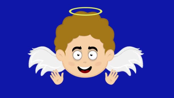 animation του προσώπου ενός παιδιού άγγελος κινουμένων σχεδίων με μια χαρούμενη έκφραση, κινείται τα φτερά του και κυματίζει με τα χέρια του. Σε ένα μπλε χρωμιωμένο βασικό φόντο - Πλάνα, βίντεο