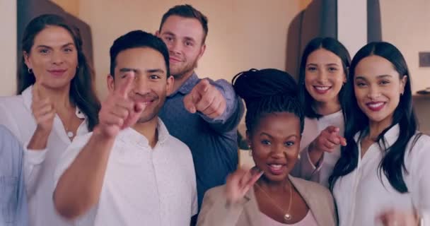 Diversity, portrait and group of people pointing for company teamwork, hr team and employee decision success. Happy hiring, recruitment choice and business startup or join us in office collaboration. - Footage, Video
