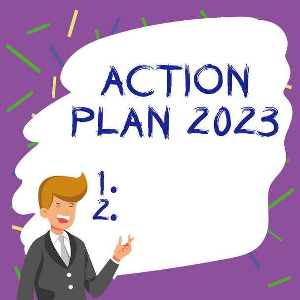 Inspiración mostrando signo Plan de Acción 2023, Concepto que significa hacer lista contiene el número de cosas que se harán el próximo año - Foto, imagen