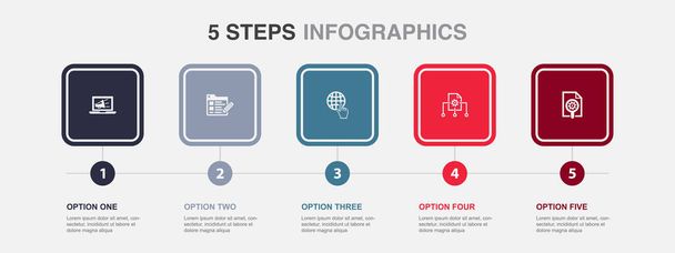 Digitális marketing, blog, internet, tartalommenedzsment, Marketing kutatási ikonok Infographic design template. Kreatív koncepció 5 lépésben - Vektor, kép