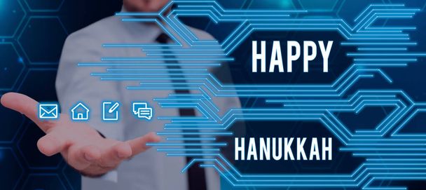 Teksten weergeven Happy Hanukkah, Internet Concept Joods festival gevierd van 25 Kislev tot 2 Tevet - Foto, afbeelding