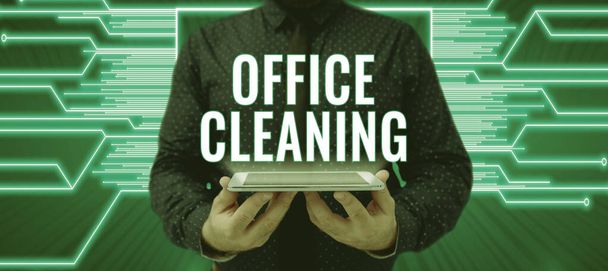 Pisanie wyświetlania tekstu Sprzątanie biura, Biznes prezentuje działanie lub proces czyszczenia wnętrza budynku biurowego - Zdjęcie, obraz