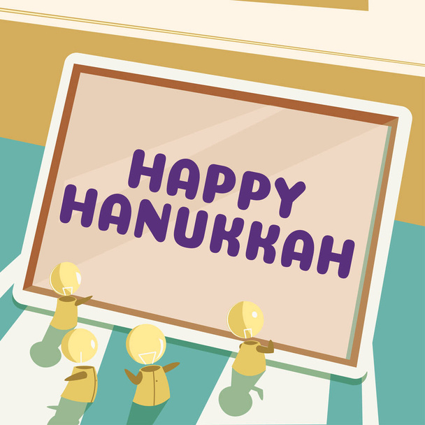 Teksti merkki osoittaa Happy Hanukka, Sana Kirjoitettu Juutalainen festivaali vietetään 25. Kislev 2nd of Tevet - Valokuva, kuva