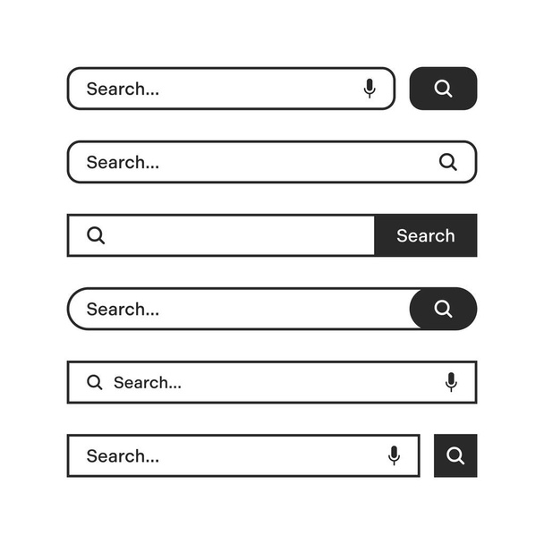 Various search bars with outline border. Internet browser engine with search box, address bar and text field. UI design, website interface element, web icons and push button. Vector illustration. - ベクター画像