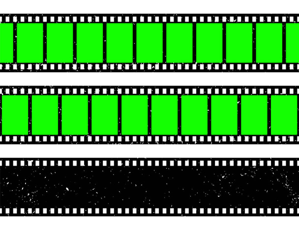 Realistic grunge film strip, camera roll. Old retro cinema movie strip with blank green chroma key background. Analog video recording and photography. Visual effects compositing. Vector illustration. - Vecteur, image