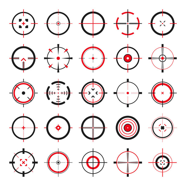 Crosshair, gun sight vector icons. Bullseye, black target or aim symbol. Military rifle scope, shooting mark sign. Targeting, aiming for a shot. Archery, hunting and sports shooting. Game UI element - Vector, Image