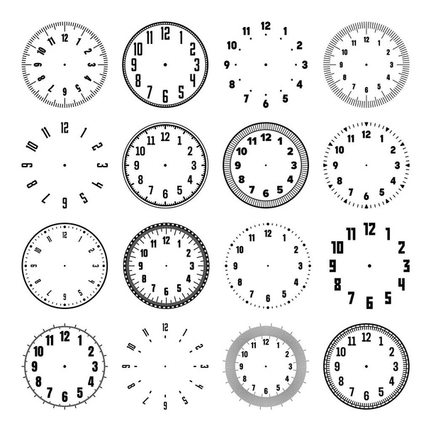 Mechanical clock faces with arabic numerals, bezel. Watch dial with minute, hour marks and numbers. Timer or stopwatch element. Blank measuring circle scale with divisions. Vector illustration. - Vettoriali, immagini