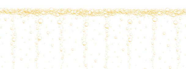 Goldene Blasen strömen in den Hintergrund. Kohlensäurehaltige Wasseroberfläche. Sprudelndes Getränk, Bier, Limonade, Prosecco, Seltzer, Champagner. Vektor realistische Darstellung. - Vektor, Bild