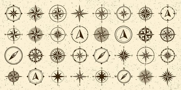 Vintage merituuli nousi, merikartta. Yksivärinen navigointikompassi, jossa on kardinaalisuunta pohjoiseen, itään, etelään, länteen. Maantieteellinen sijainti, kartoitus ja navigointi. Vektoriesimerkki - Vektori, kuva