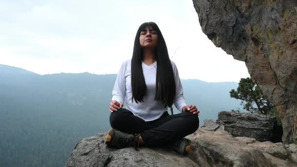 Νεαρή γυναίκα διαλογίζεται και αναπνέει στην κορυφή ενός βουνού και δάσους - Πλάνα, βίντεο