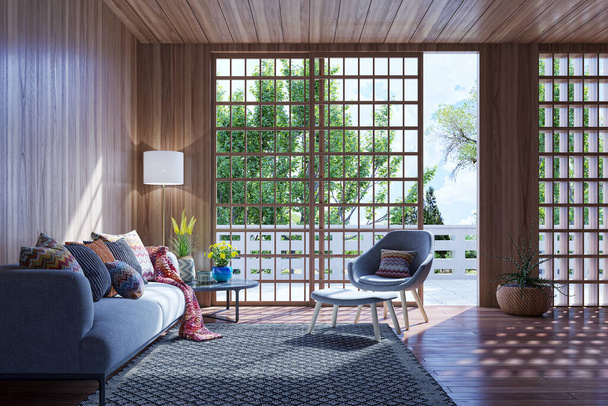 Illustration 3D rendering large luxury modern bright interiors Living room mockup computer digitally generated image - Zdjęcie, obraz