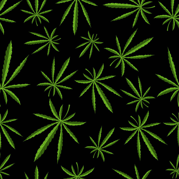 Seamless pattern. Marijuana leaf. Hemp in different sizes, in random order. Rastaman culture. On a black background. Vector illustration - Vector, Image