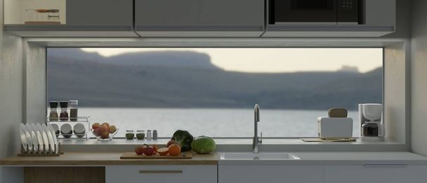 Moderne zeitgenössische Wohnküchen-Raumgestaltung mit Arbeitsplatte, Spüle, Küchengeräten, Schrank und langem Fenster. 3D-Renderer, 3D-Illustration - Foto, Bild