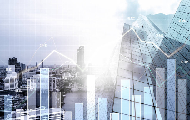 В качестве фона для финансовой или бизнес-концепции цифровой экран и финансовые графики пересекаются на картине модернистского городского пейзажа, небоскребов. - Фото, изображение