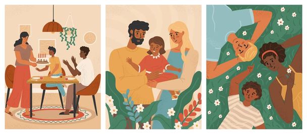 Gelukkige multiculturele familie met kinderen. Interraciale familie concept vector poster set. Mensen met verschillende huidskleur en culturele achtergrond samen. Zwarte vader en blanke moeder met gemengd kind. - Vector, afbeelding