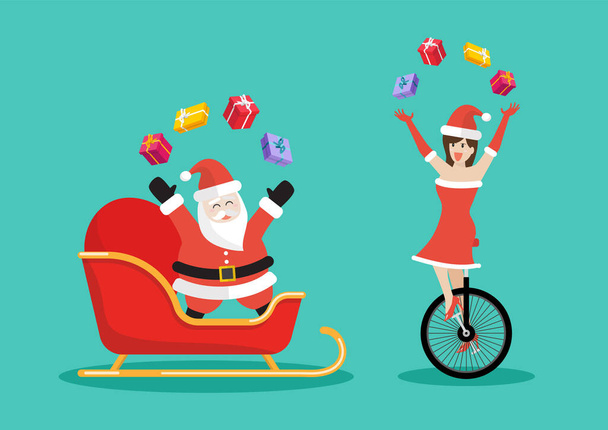Weihnachtsmann und Weihnachtsmädchen jonglieren mit Geschenkboxen auf einem Fahrzeug. Vektorillustration - Vektor, Bild