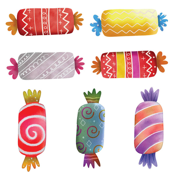 Clip-Art-Elemente mit Ausschnitten von Bonbons, einschließlich Karamell, Sahne, Bonbons und Lutschern, auf weißem Hintergrund. - Vektor, Bild