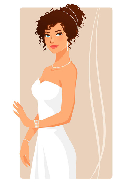 gyönyörű fiatal nő fehér esküvői ruhát és gyémánt ékszereket visel. Vonzó fiatal menyasszony elegáns updo. - Vektor, kép