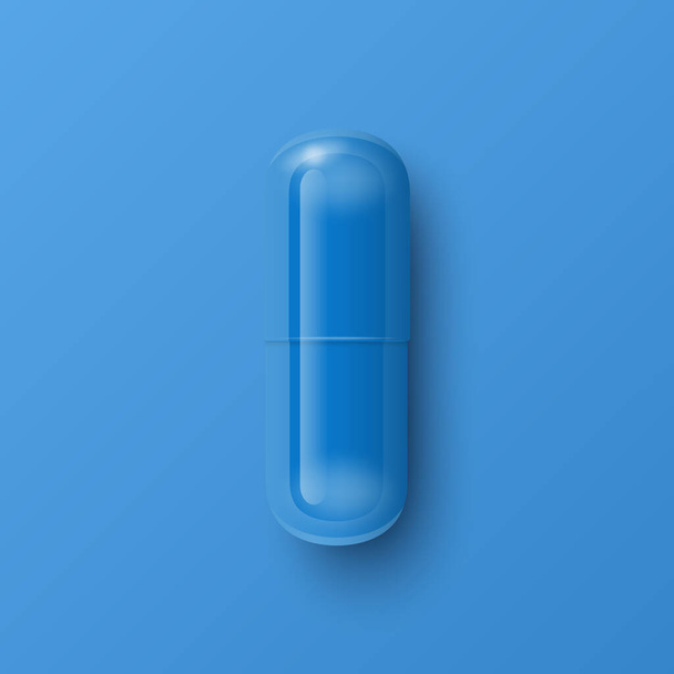 Vector 3d Realistic Blue Pharmaceutical Medical Pill, Capsule, Tablet on Blue Background. Front View. Copy Space. Medicine, Male Health Concept. - Vector, imagen