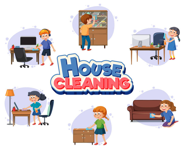 Παιδιά καθαρισμού στο σπίτι που εικονογράφηση - Διάνυσμα, εικόνα