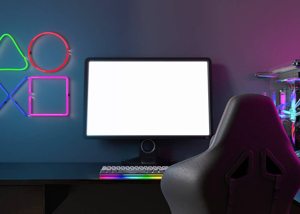 Monitor with blank white screen. Gaming at home. Computer mock up. Copy space for app, game, website presentation. Empty screen. Modern interior. Neon lights. Gamer place. 3D render - Fotó, kép