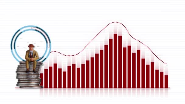 A görbe és a vonal grafikonja, ahol az emelkedés és esés megismétlődik. Egy miniatűr ember ül egy halom érmén grafikonokkal.. - Felvétel, videó