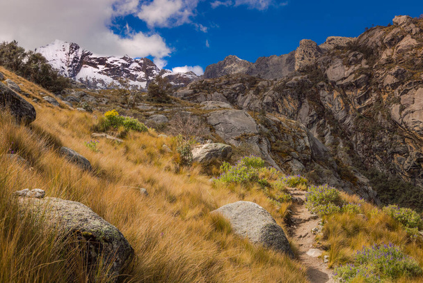 Trekking path, mountain pass in Huascaran, Cordillera Blanca, snowcapped Andes, Ancash Peru - Foto, Imagem
