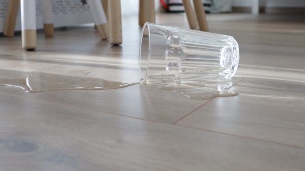 Glass of water spilled to the new laminate floor of wood - Záběry, video