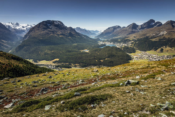 Panoramic view of St Moritz from Muottas Muragl of Upper Engadine, Graubunden, Switzerland - Photo, Image
