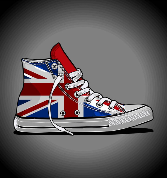 Mavi arka planda İngiliz bayrak desenli spor ayakkabılar - Vektör, Görsel