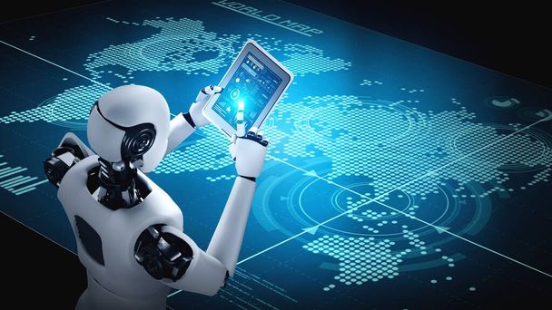 Робот-гуманоид использует планшетный компьютер для анализа больших данных с использованием ИИ-мозга, искусственного интеллекта и машинного обучения для 4-й промышленной революции. 3D рендеринг. - Фото, изображение