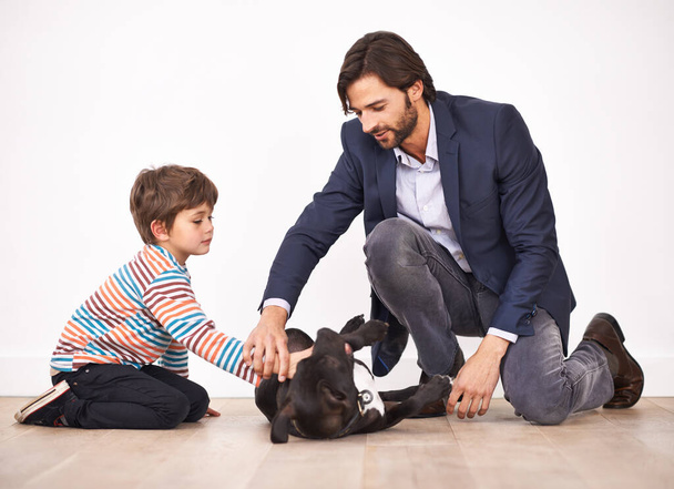 Seinem Sohn Respekt für Tiere beibringen. Vater und Sohn streicheln gemeinsam einen Hund - Foto, Bild